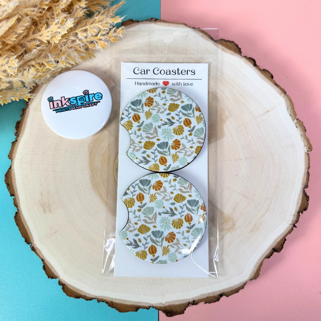 Car Coasters - Light Floral Boho - 1 Pair - Inkspire Prints and Craft