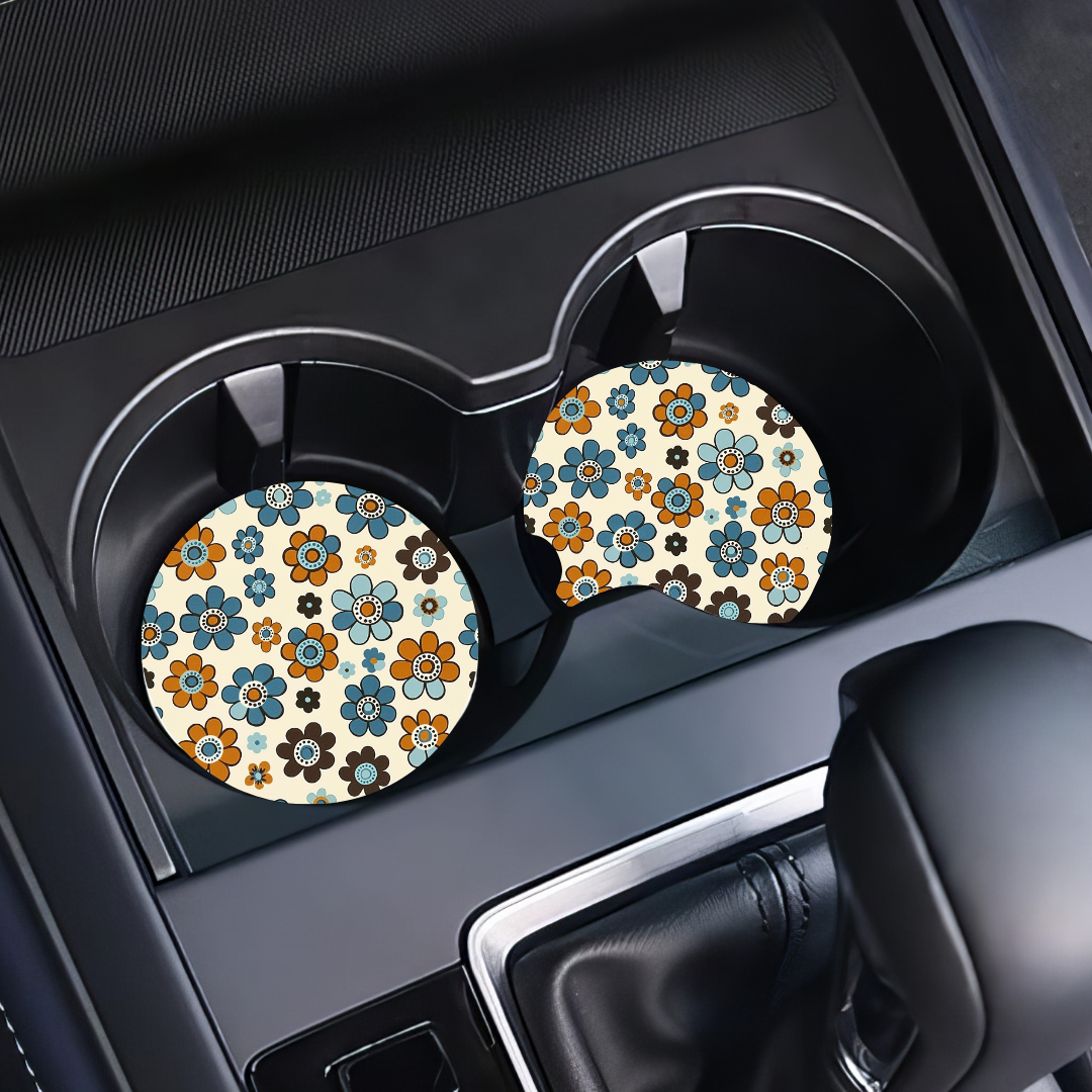 Car Coasters - Retro Flower- 1 Pair - Inkspire Prints and Craft