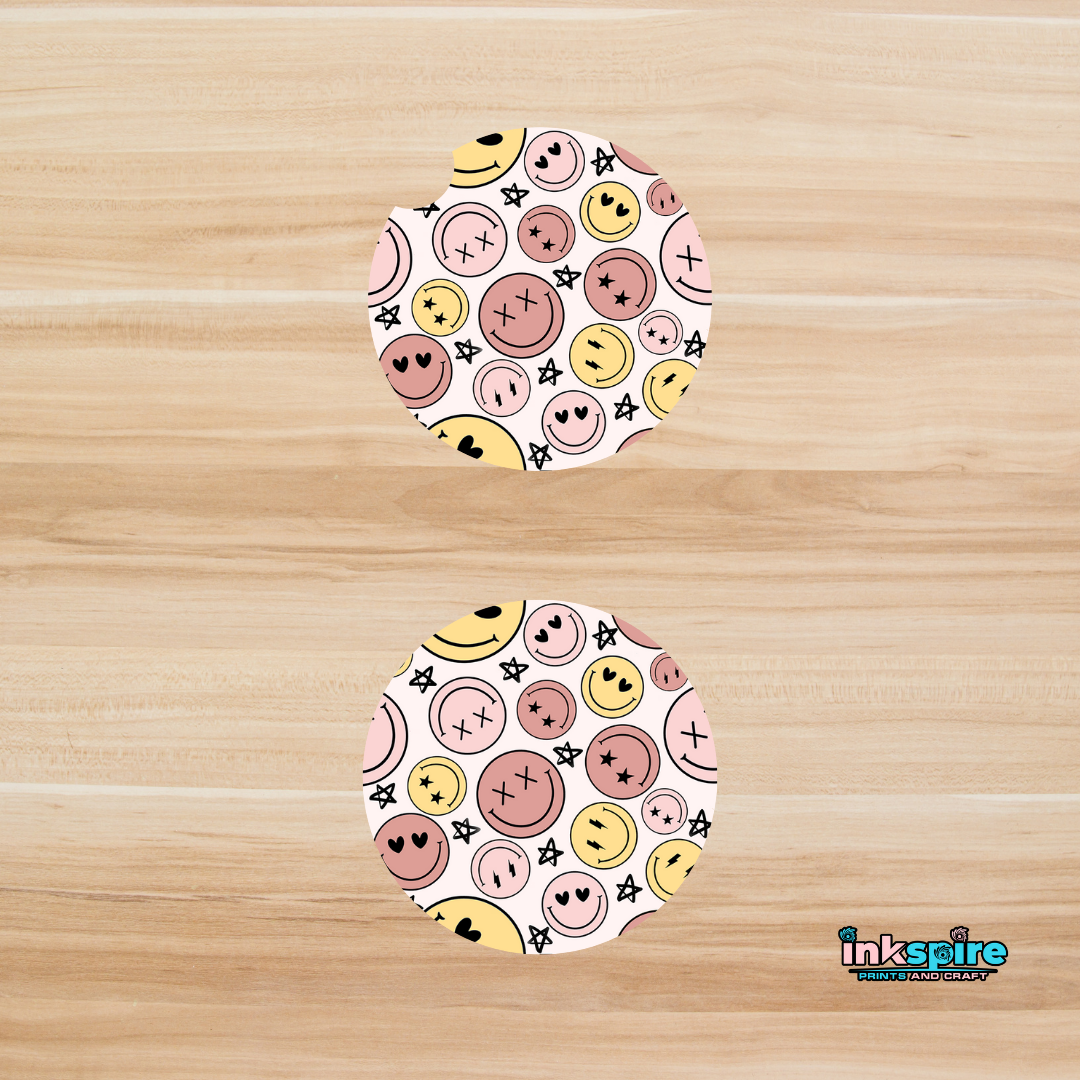 Car Coasters - Retro Smiley - 1 Pair - Inkspire Prints and Craft