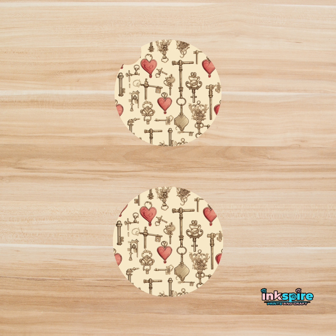 Car Coasters - Vintage Heart Lock - 1 Pair - Inkspire Prints and Craft