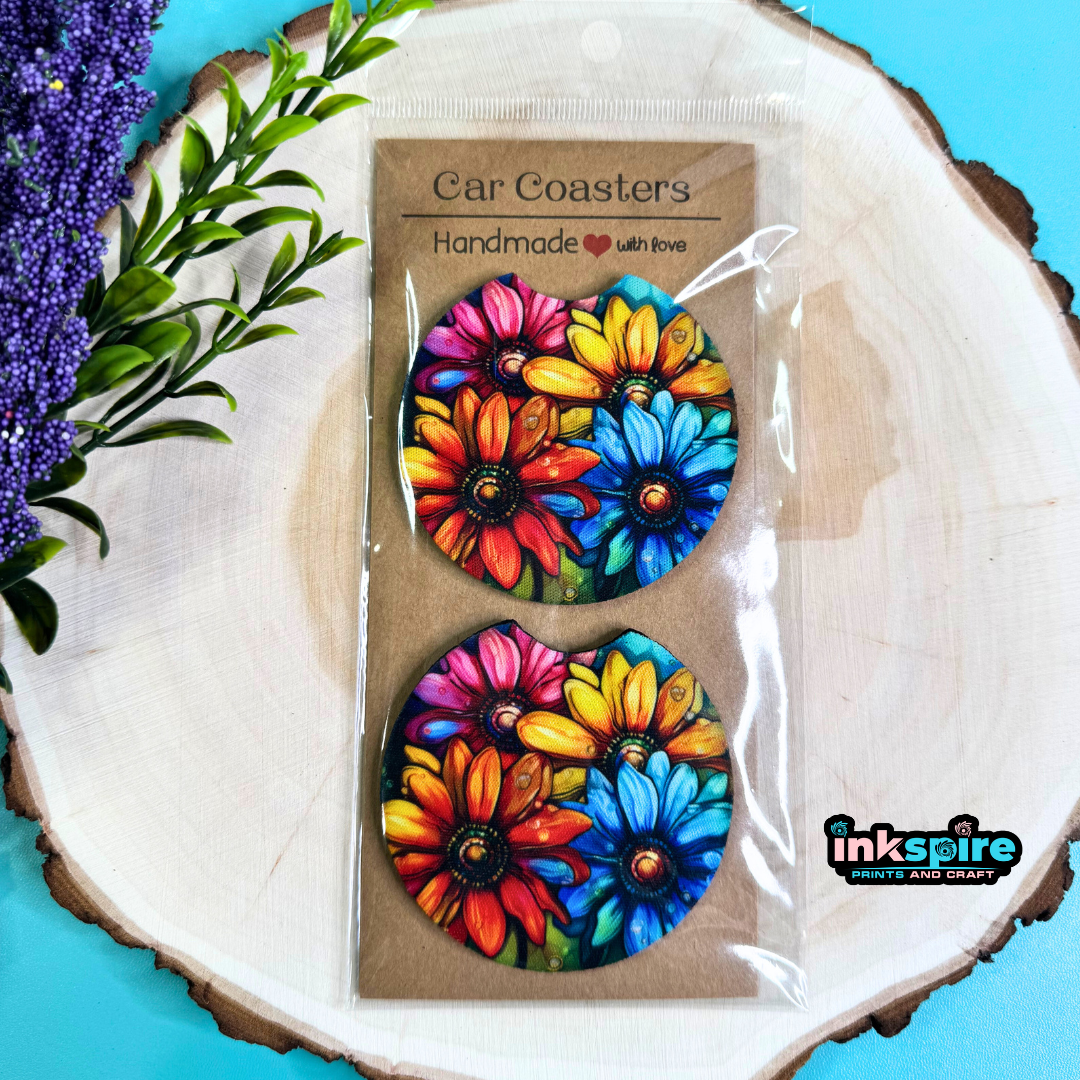 Car Coasters - Colorful 3D Flower - 1 Pair - Inkspire Prints and Craft